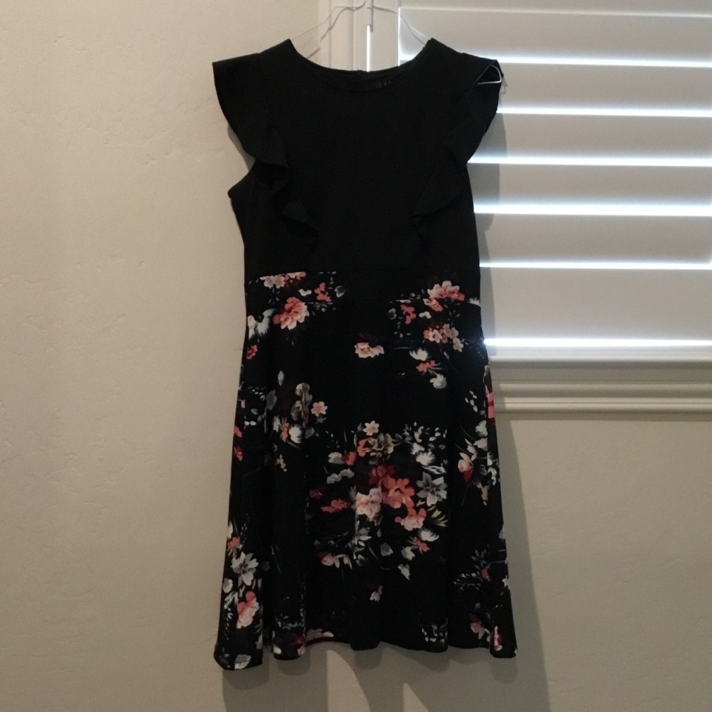 Black Floral Midi Dress with Flutter Sleeves